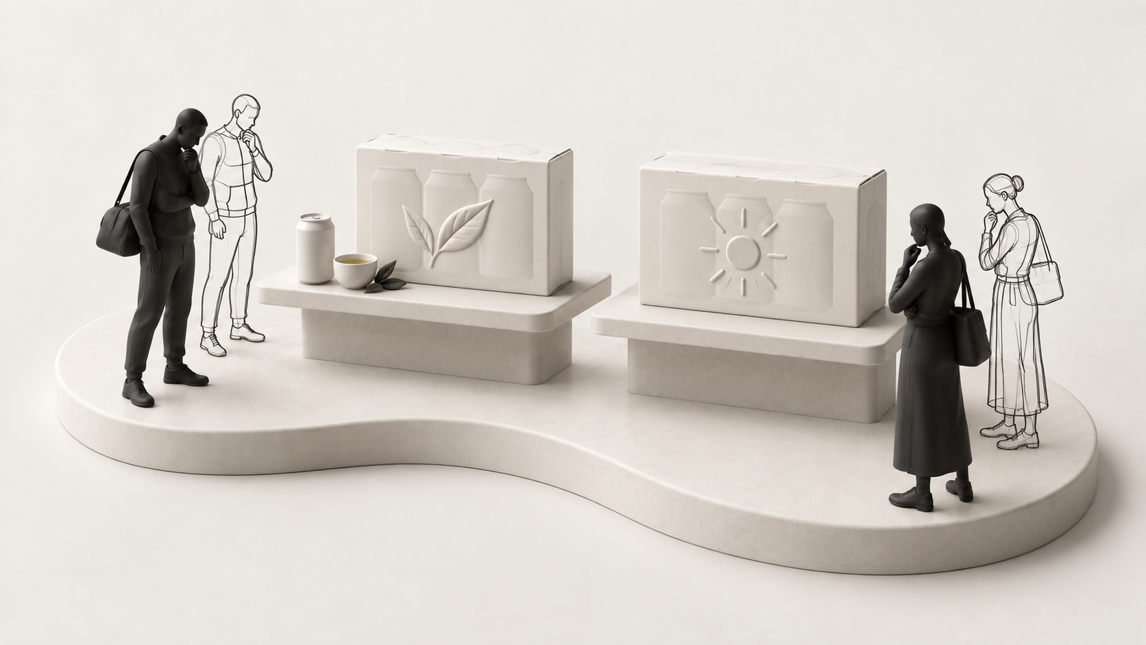 Solid and outlined people considering two ivory multipacks with tea-leaf and sun reliefs on connected sculptural terrain.