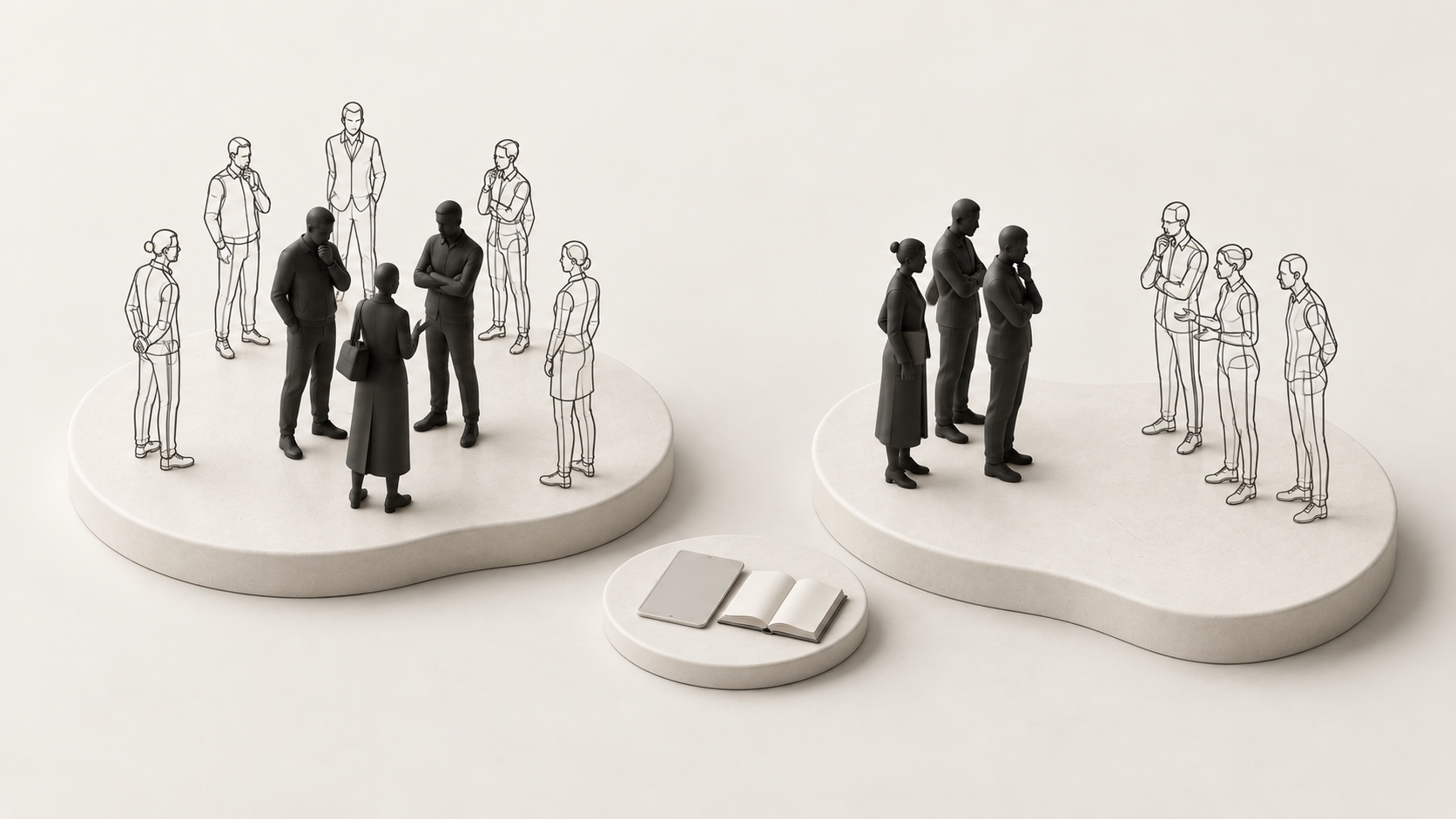 A selected group within a broader outlined audience beside two comparison groups, with a blank tablet and booklet on ivory platforms.
