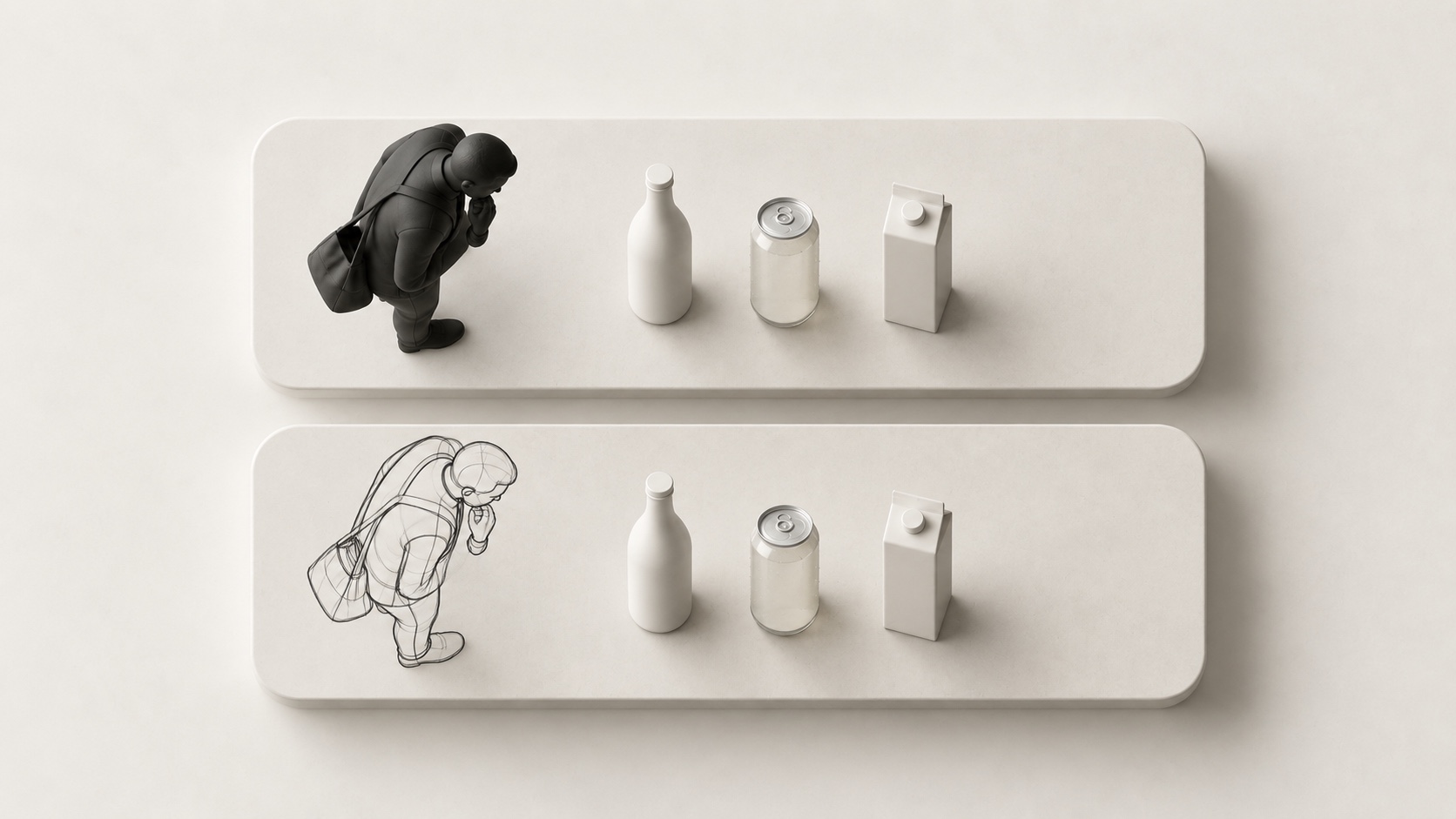 A charcoal buyer and a graphite-outline counterpart inspect the same product forms on matched tables.