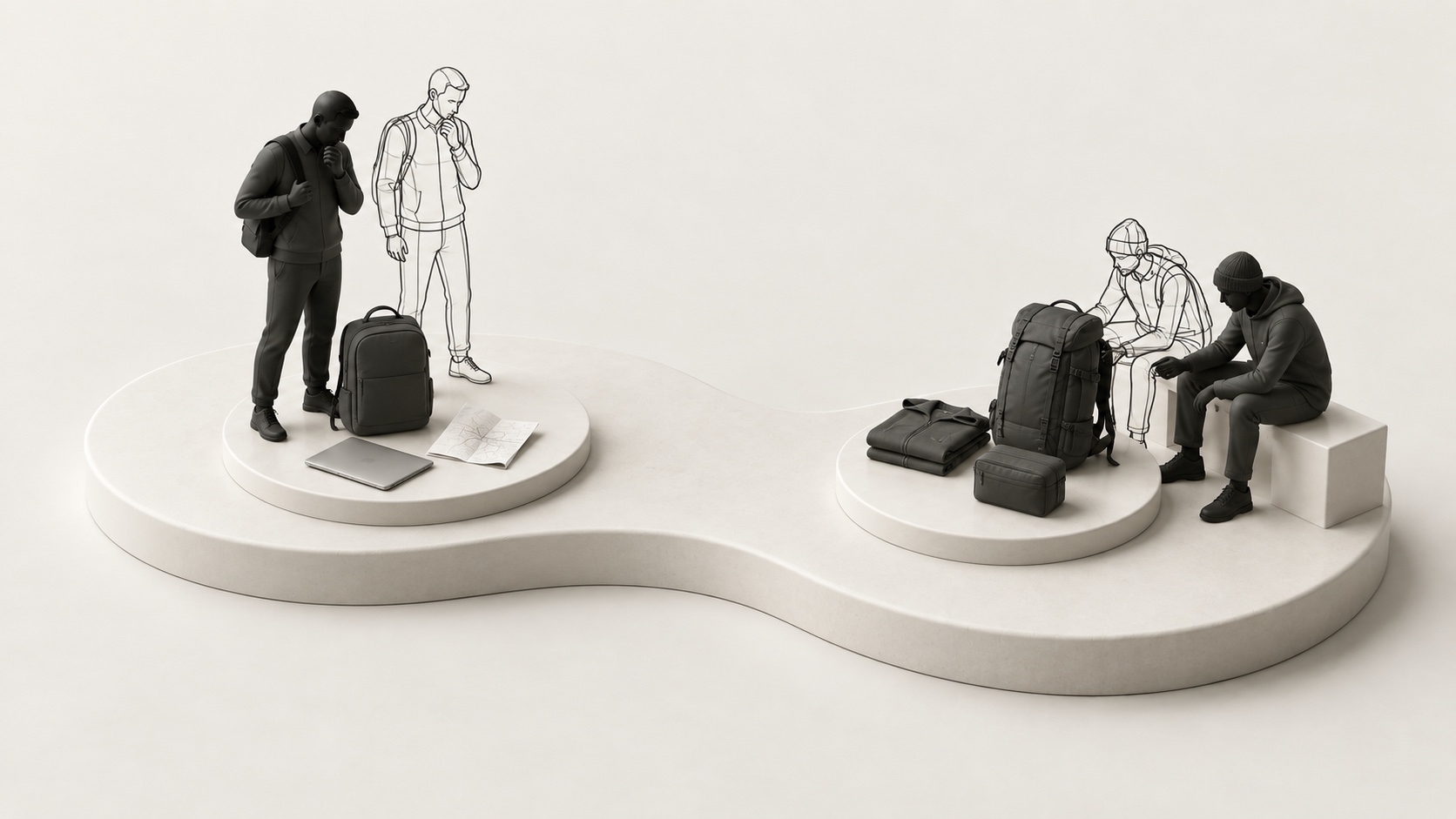 Solid and outlined people considering a commuter backpack and laptop separately from travel luggage and clothing.