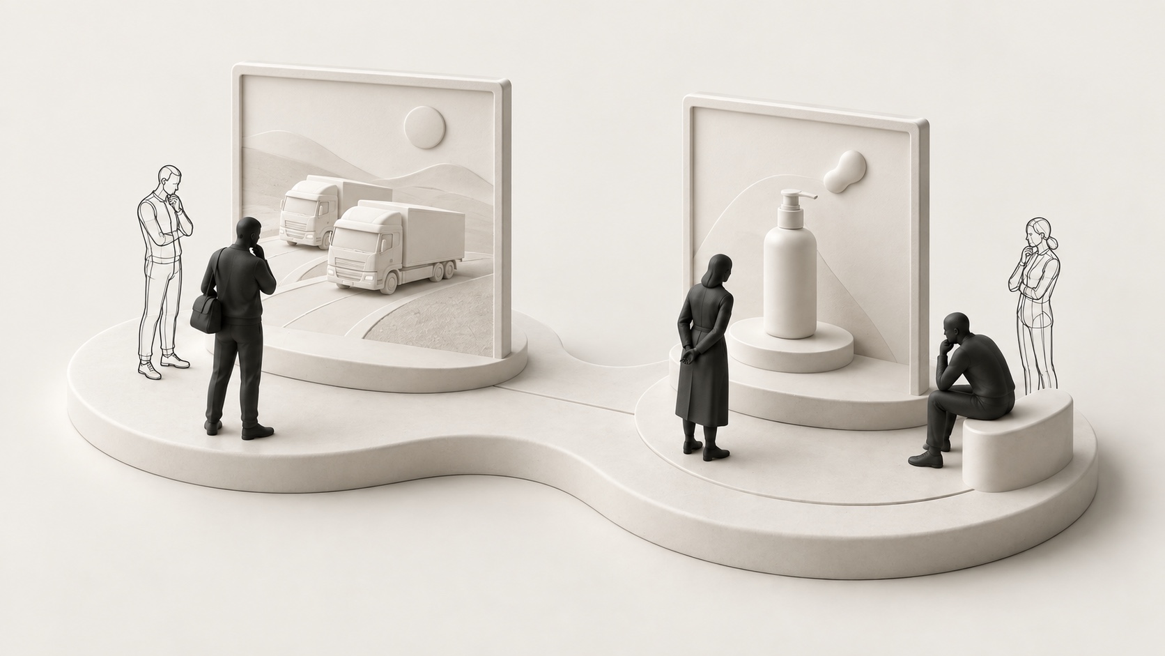 Two advertising frames and an audience of solid and outlined figures on ivory terrain.