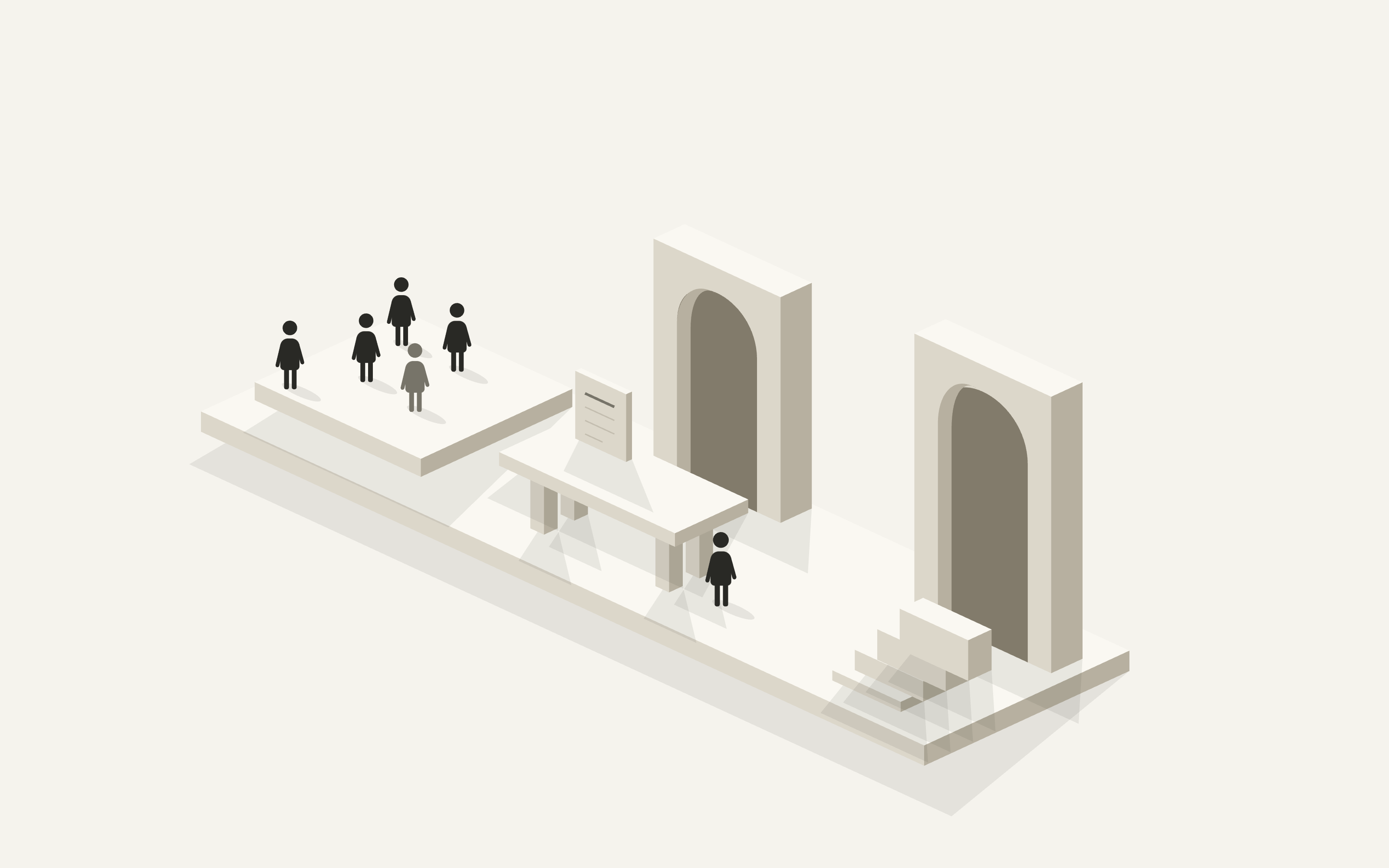 Architectural illustration of an audience, a research workspace and a decision, connected in one research sequence.