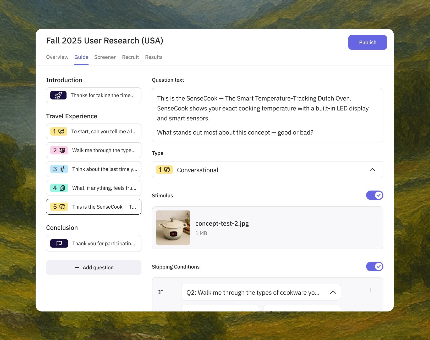 Outset’s guide editor shows how researchers set questions, logic, probes, and stimulus material before interviews begin