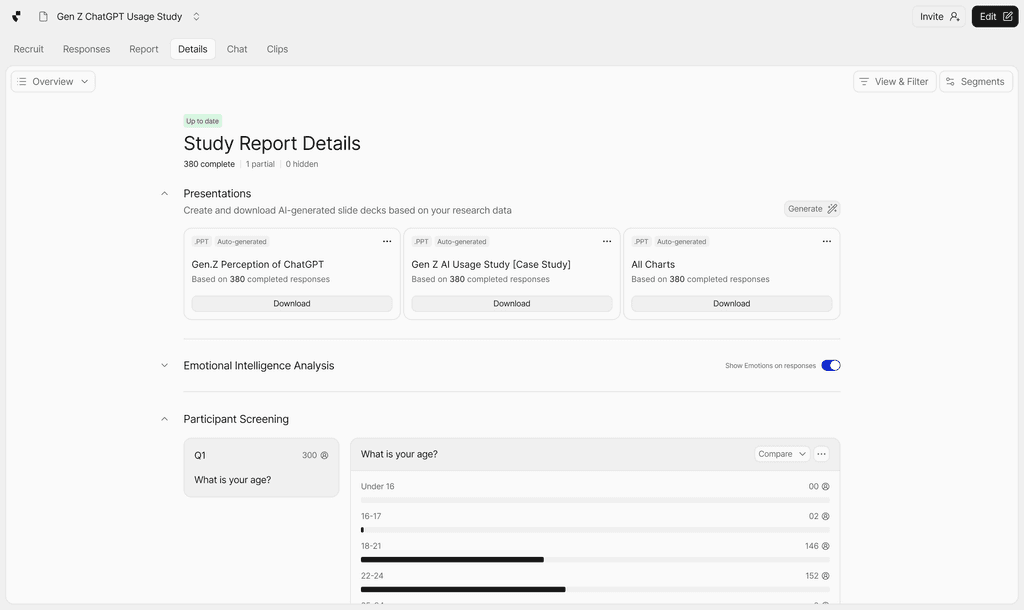 Listen Labs keeps completed interviews, screening results, and generated reports in the same study workspace