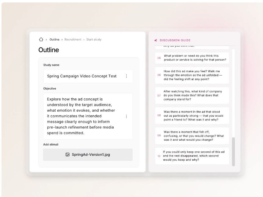 GetWhy turns a campaign brief and stimulus into an AI-moderated video discussion guide