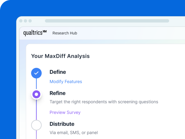 Qualtrics guides researchers through defining a MaxDiff study, refining the audience, and distributing the survey