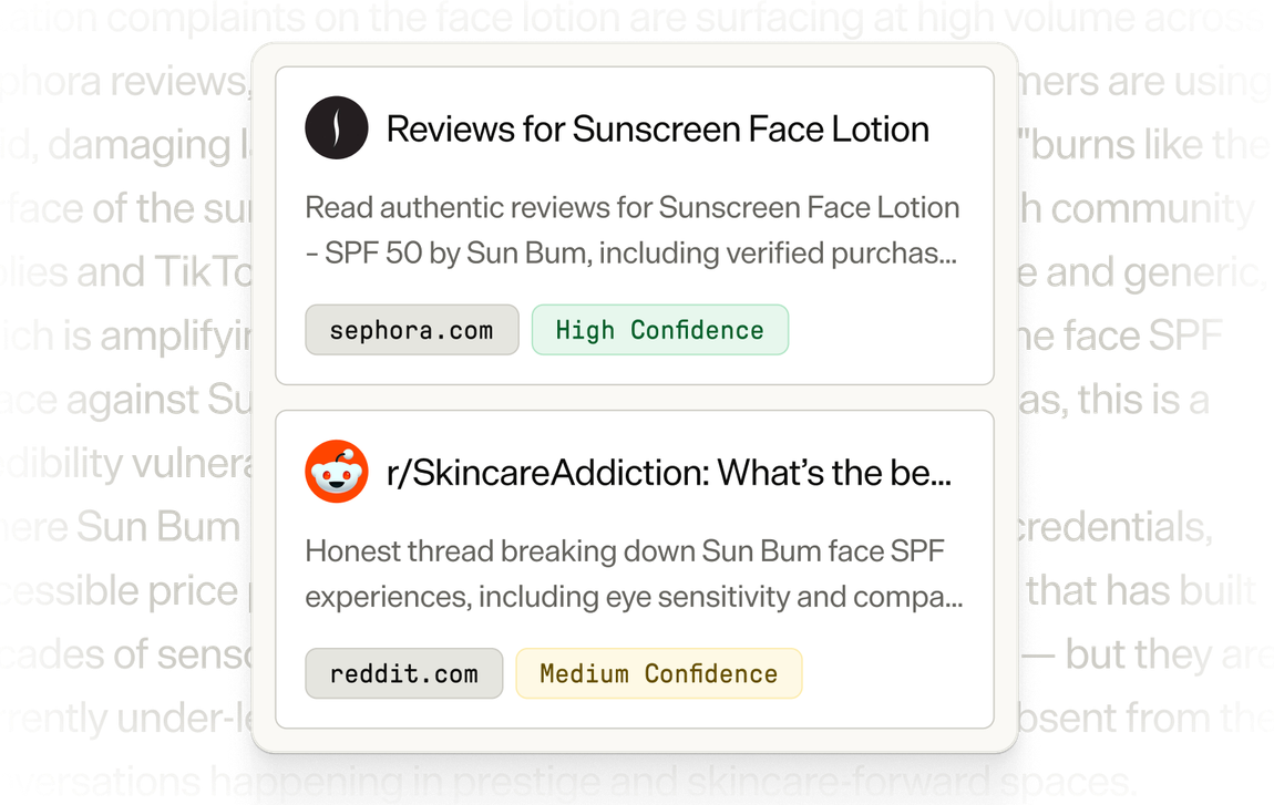 Merciv keeps source domains and confidence levels attached to the evidence behind an answer
