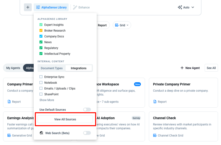 AlphaSense’s source selector lets researchers choose expert insights, broker research, company documents, news, and connected internal content