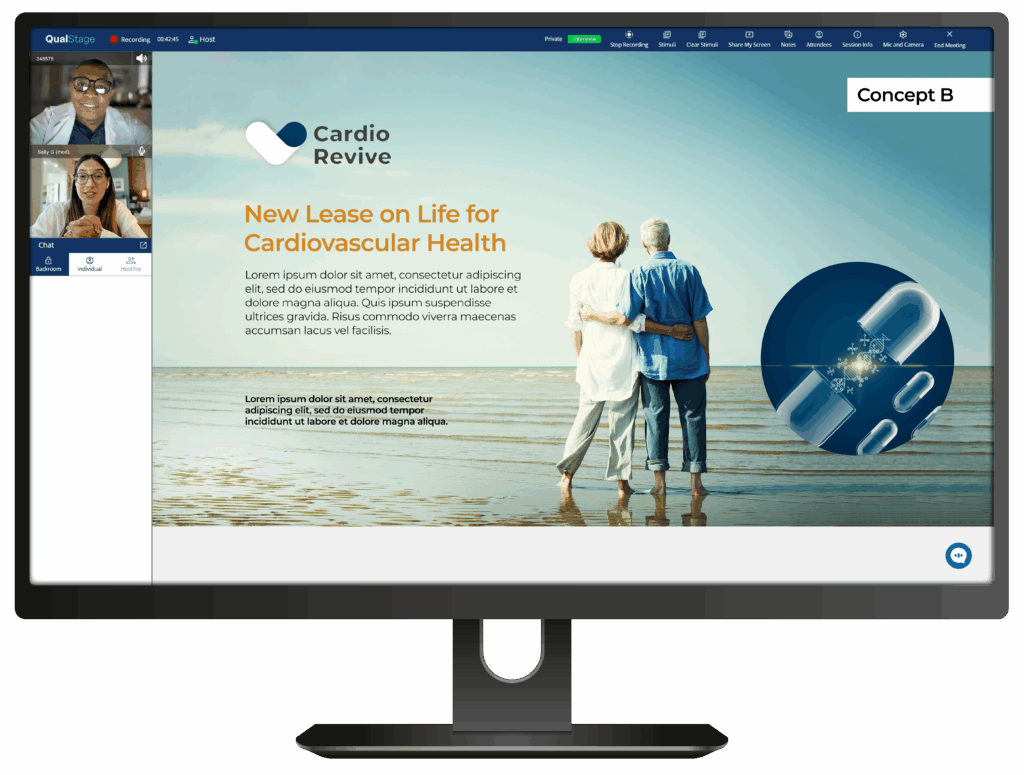 QualStage’s moderator view supports remote sessions where privacy, observation, and research controls matter, including healthcare work