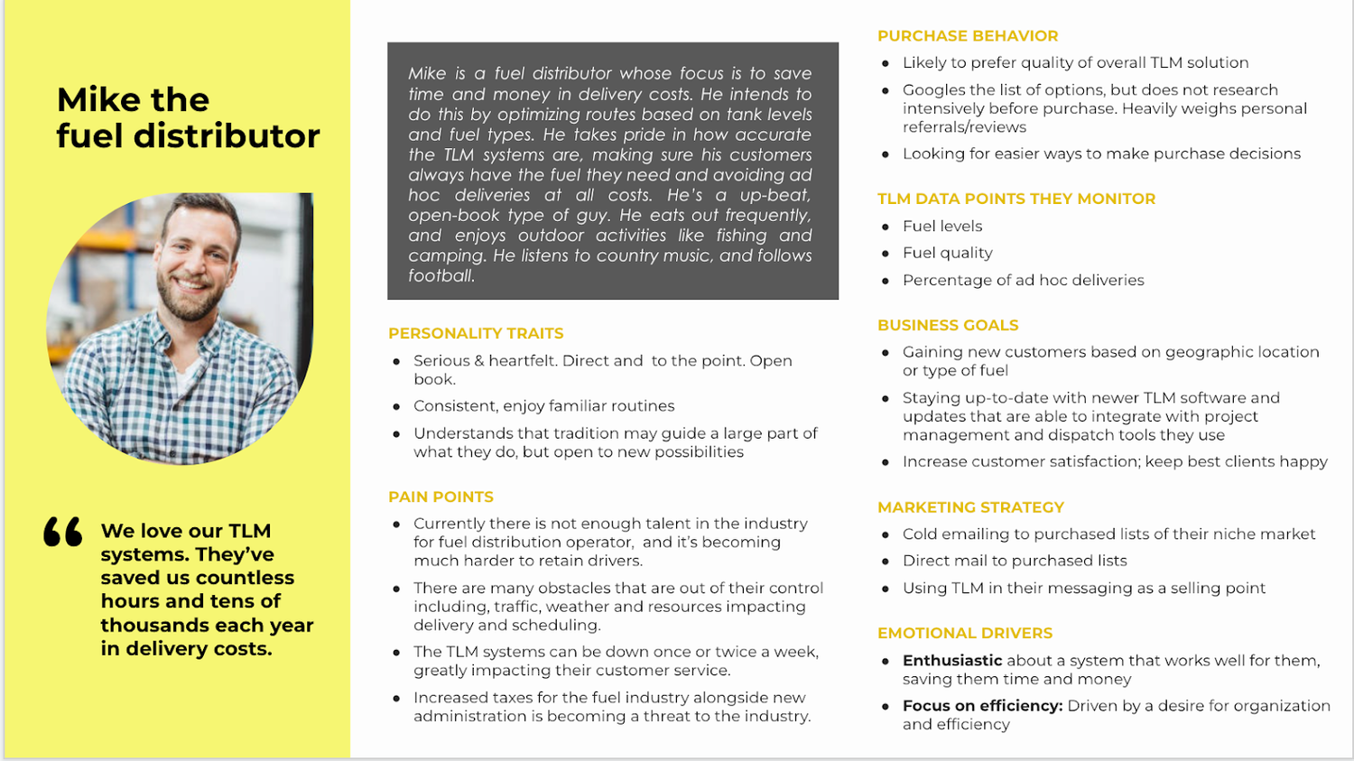 Bixa’s persona deliverable turns interview and survey evidence into audience needs, pain points, purchase behavior, and a decision-ready profile