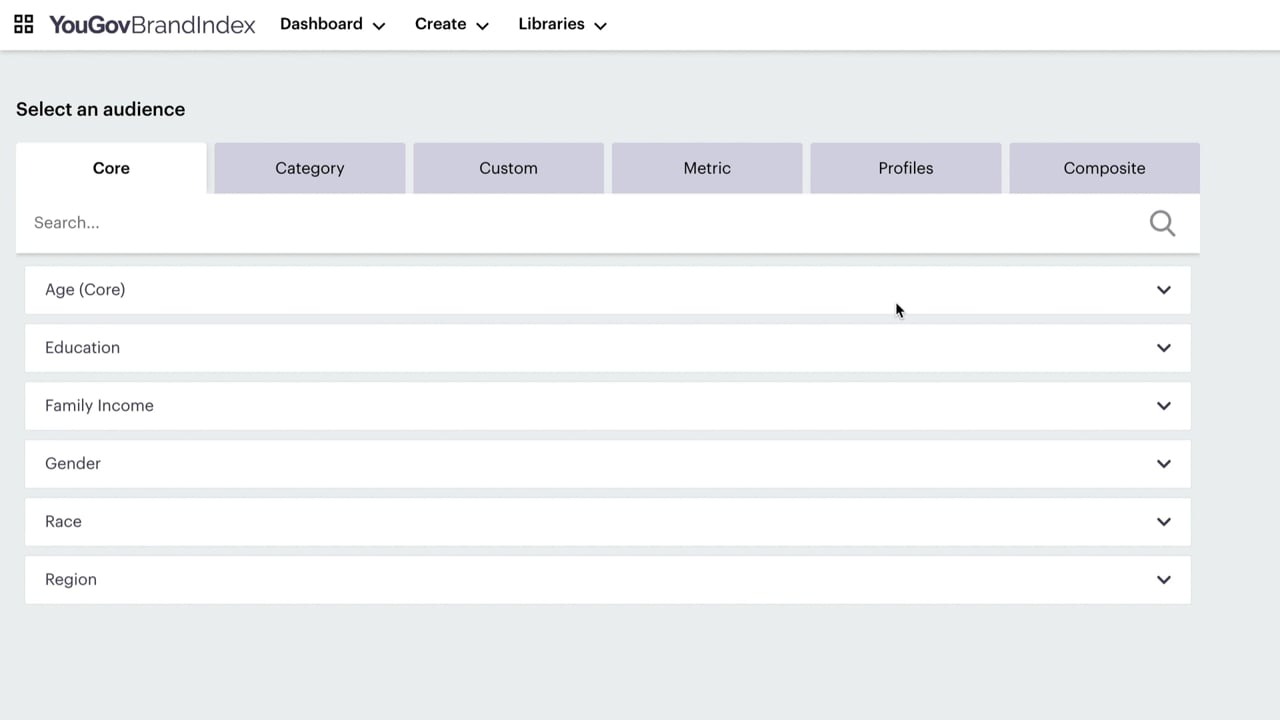 YouGov BrandIndex’s audience selector cuts standardized brand-tracking results by core, category, custom, and Profiles audiences