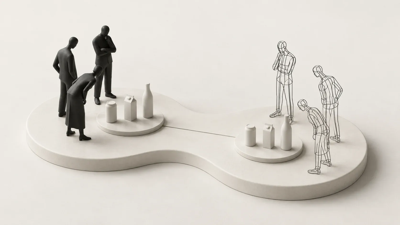 Conceptual illustration: solid human figures and wire-outline counterparts consider matching product alternatives.