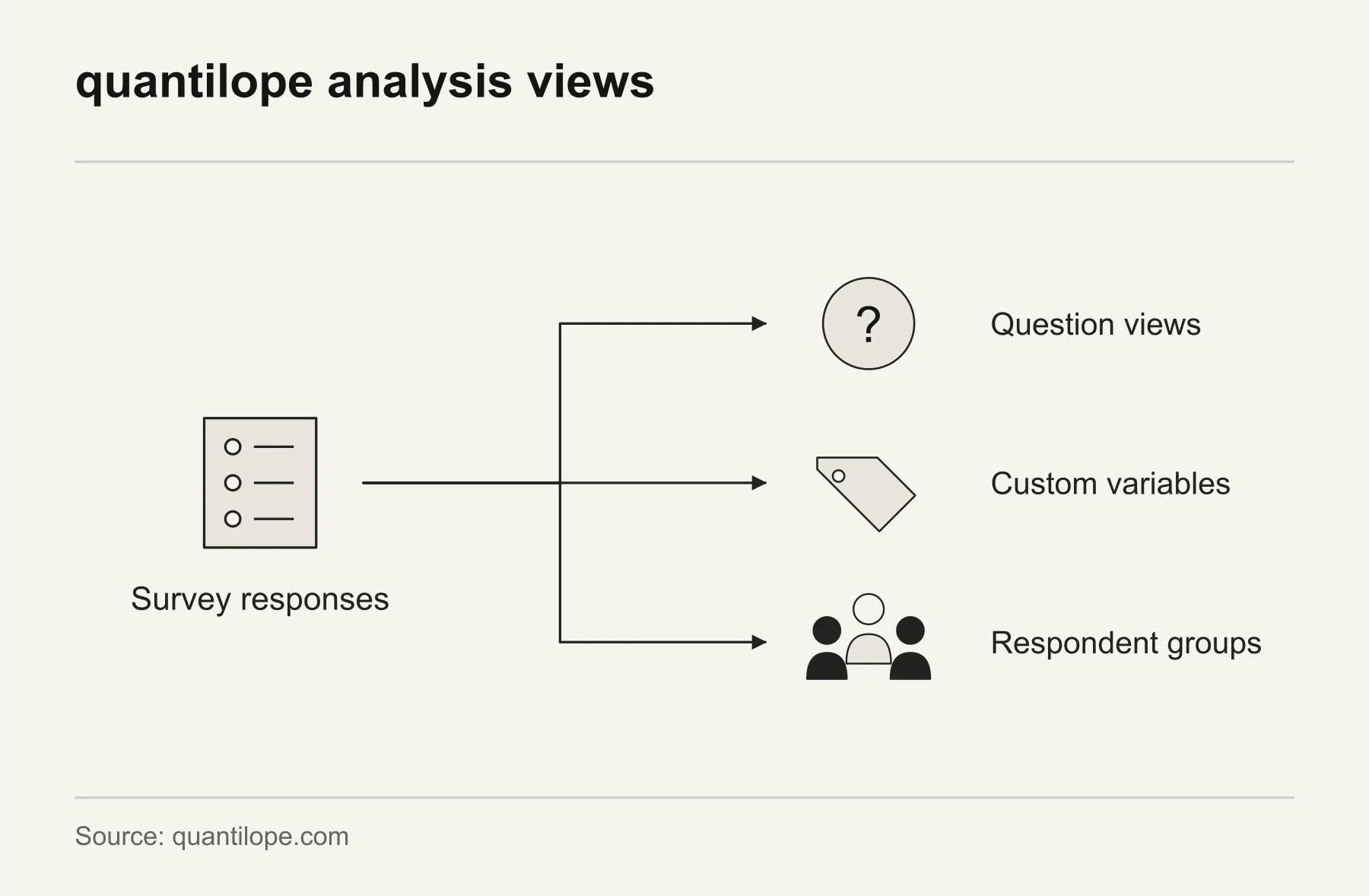 quantilope analysis views. quantilope supports examining survey responses by question, custom variable and respondent group.