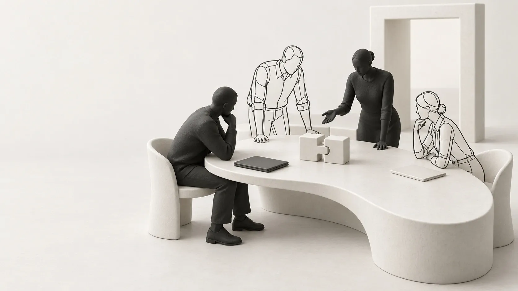A buying group discusses a pair of ivory connector blocks around a sculptural meeting table.