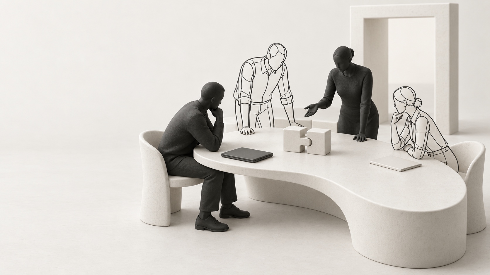A buying group discusses a pair of ivory connector blocks around a sculptural meeting table.