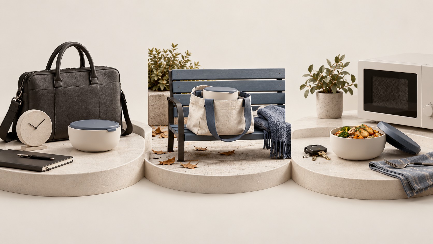 The same meal bowl shown with a workbag and clock, a park lunch tote, and a home microwave and keys.