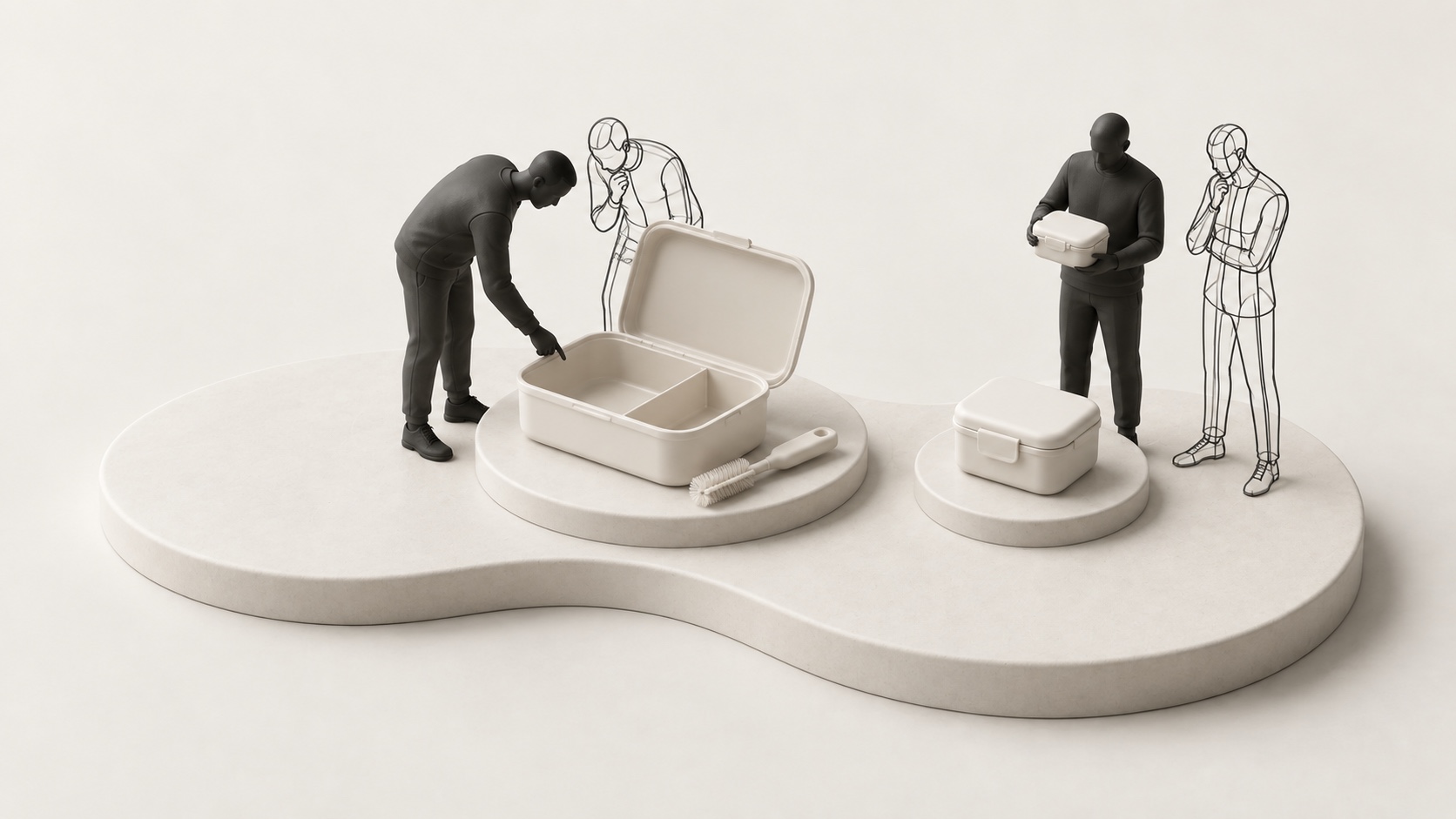 Solid and outlined figures examining an open lunchbox with a removable divider and a separate compact closed container.