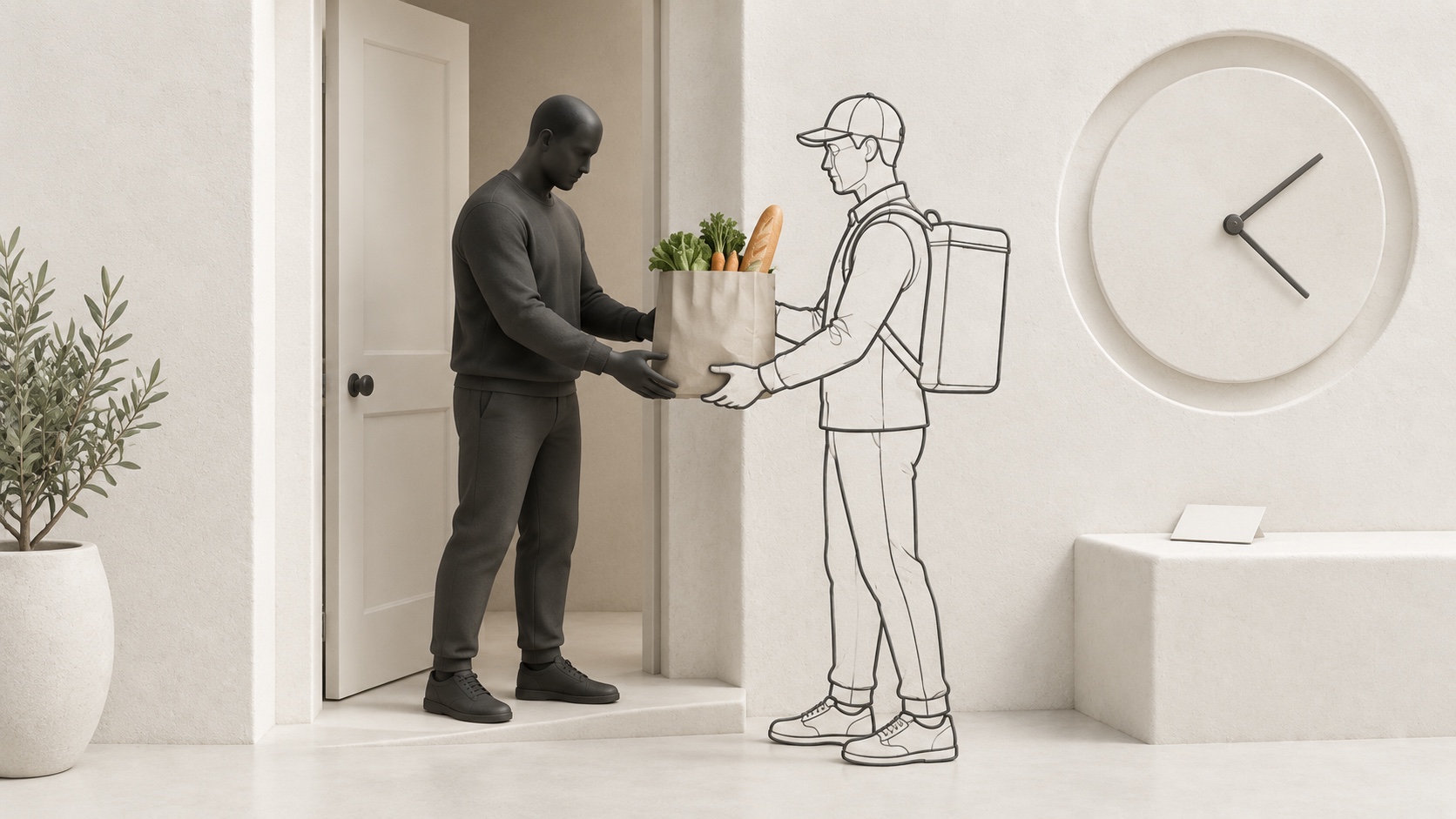 A charcoal buyer accepting groceries from an outlined courier beside an unnumbered clock at an ivory doorway.