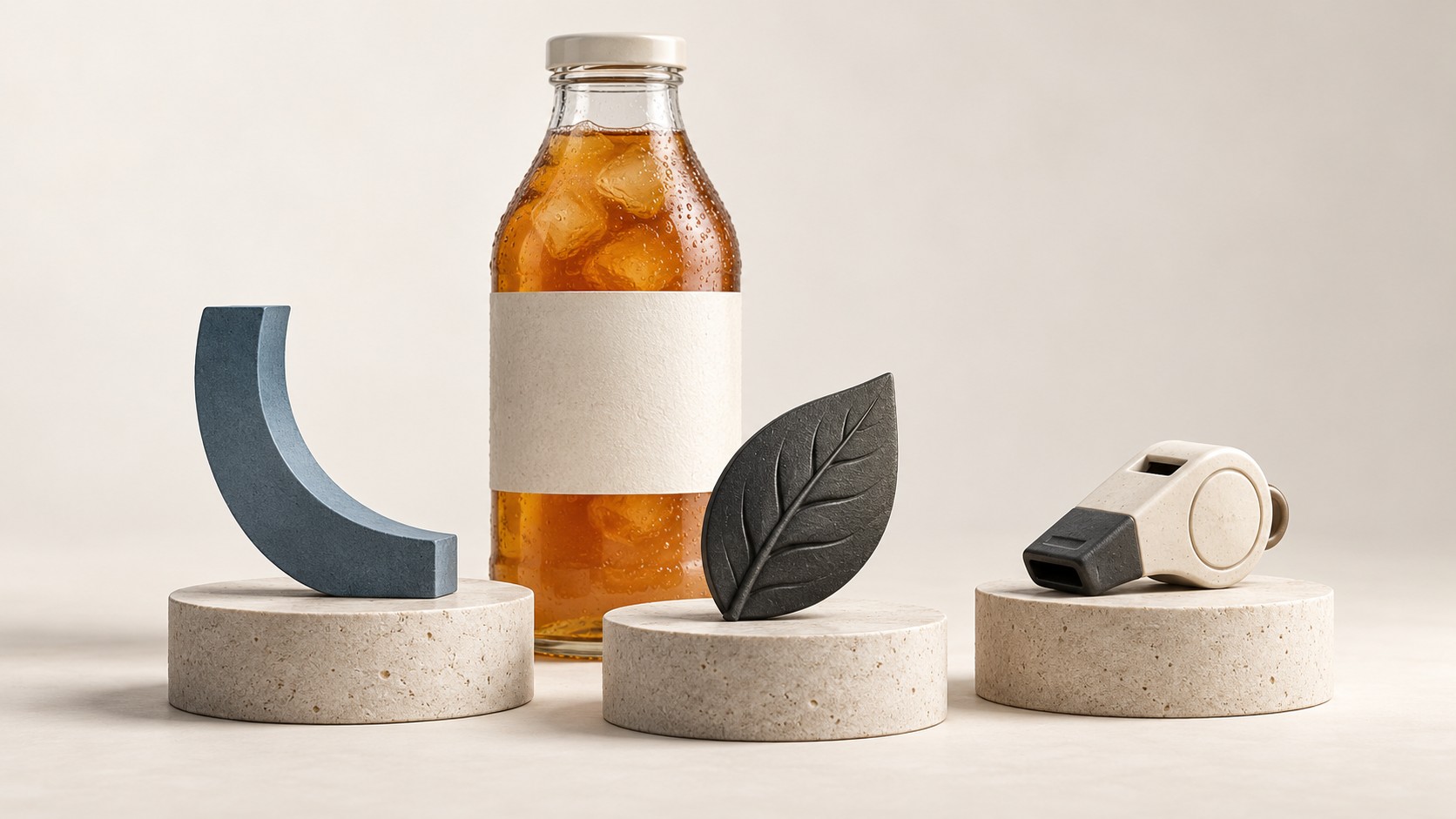 An unbranded iced-tea bottle behind a curved arc, an embossed leaf and a whistle displayed separately.