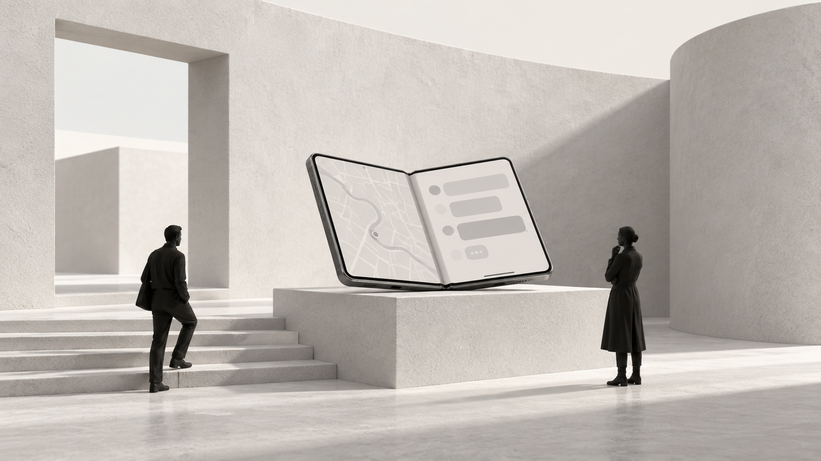 An ivory architectural scene with two charcoal figures considering a book-style folding smartphone, with a map and conversation visible together.