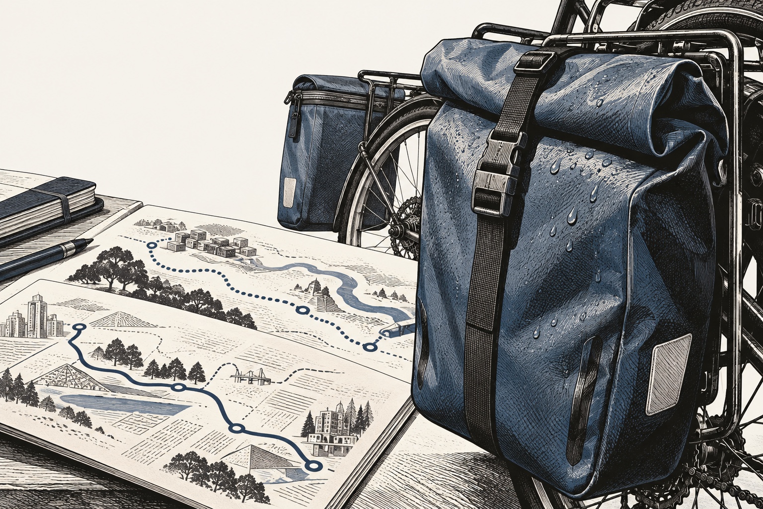 An engraved slate bicycle pannier and rear wheel beside an open notebook of two cycling routes.