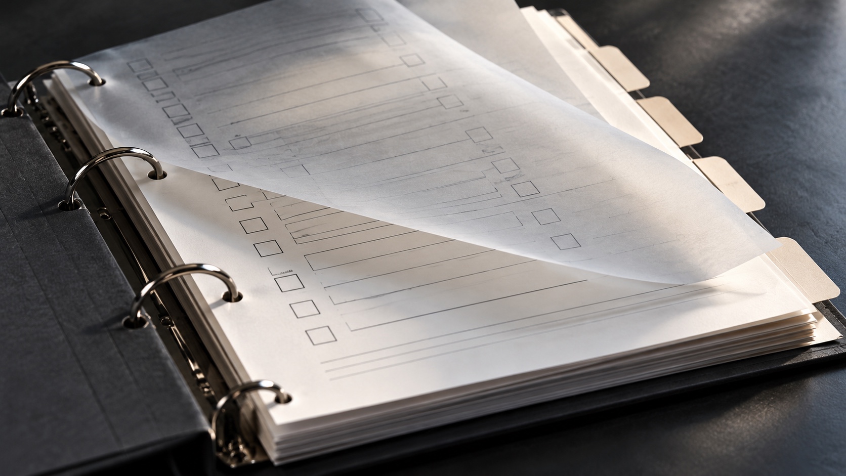 An archival research binder with a translucent sheet aligned over the source questionnaire, illustrating the link between respondent evidence and a modeled twin.