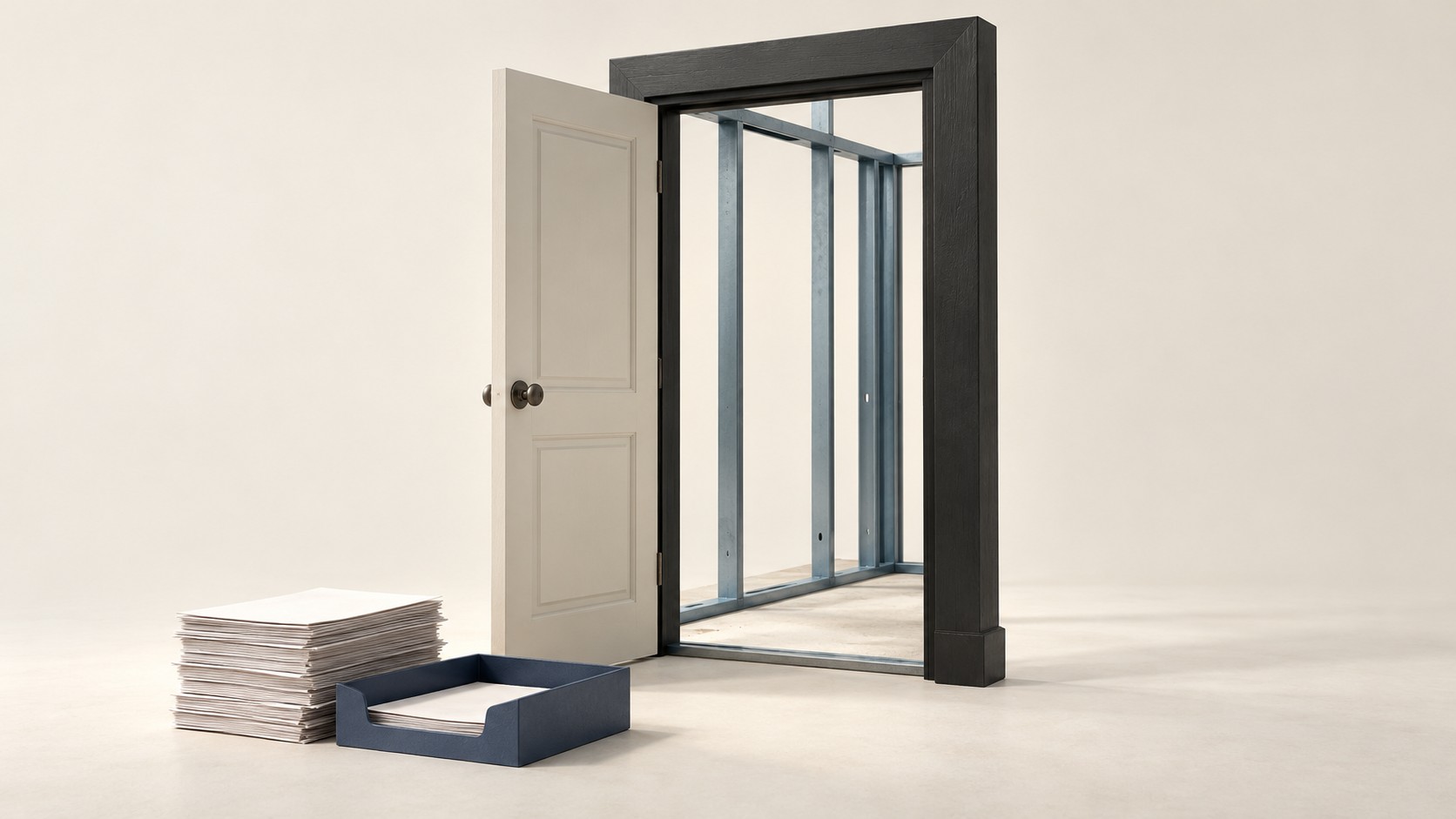 An open doorway revealing unfinished framing, with accounting papers and an export tray in front.