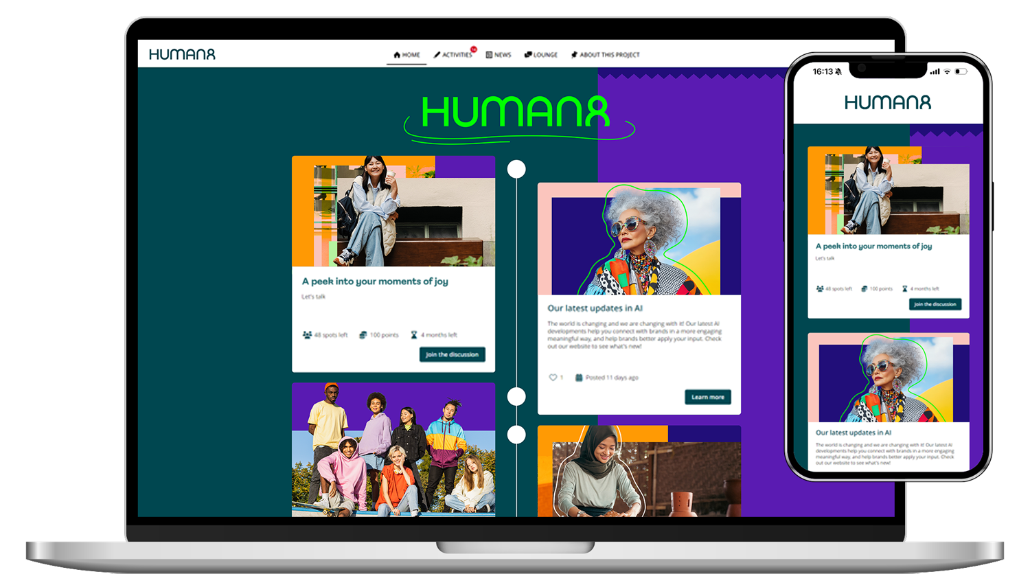Human8’s community platform displays participant activities and discussions across desktop and mobile