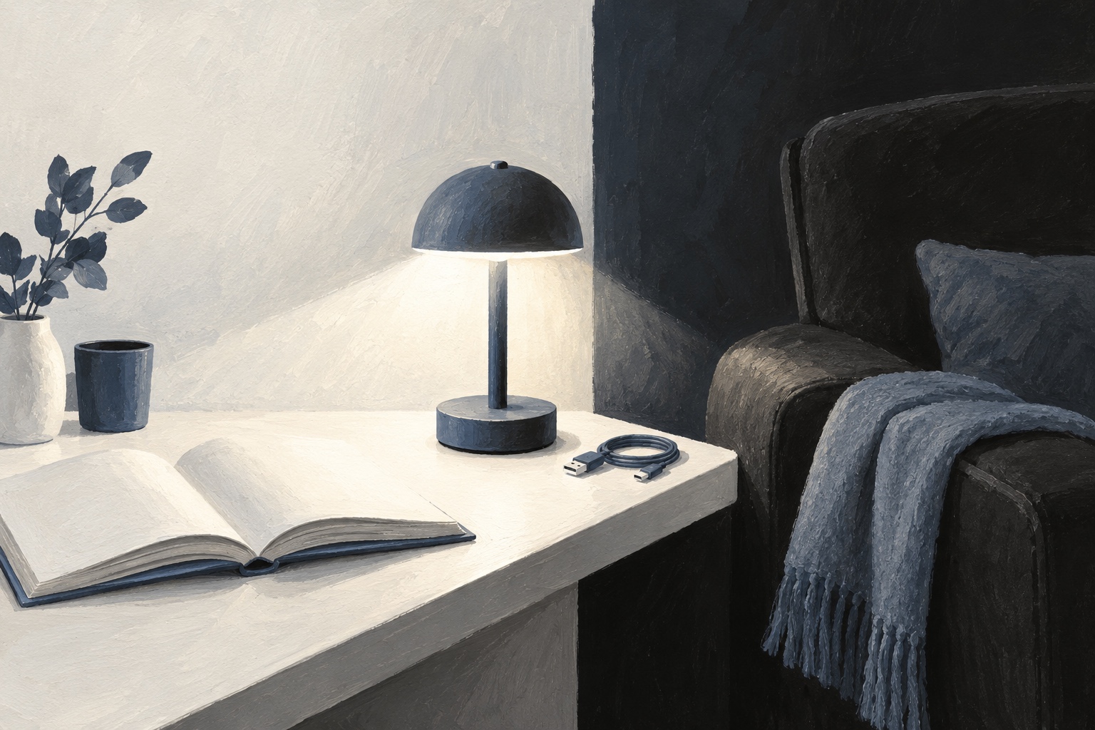 A gouache painting of a portable reading lamp and USB cable between a desk with an open book and a carbon armchair.