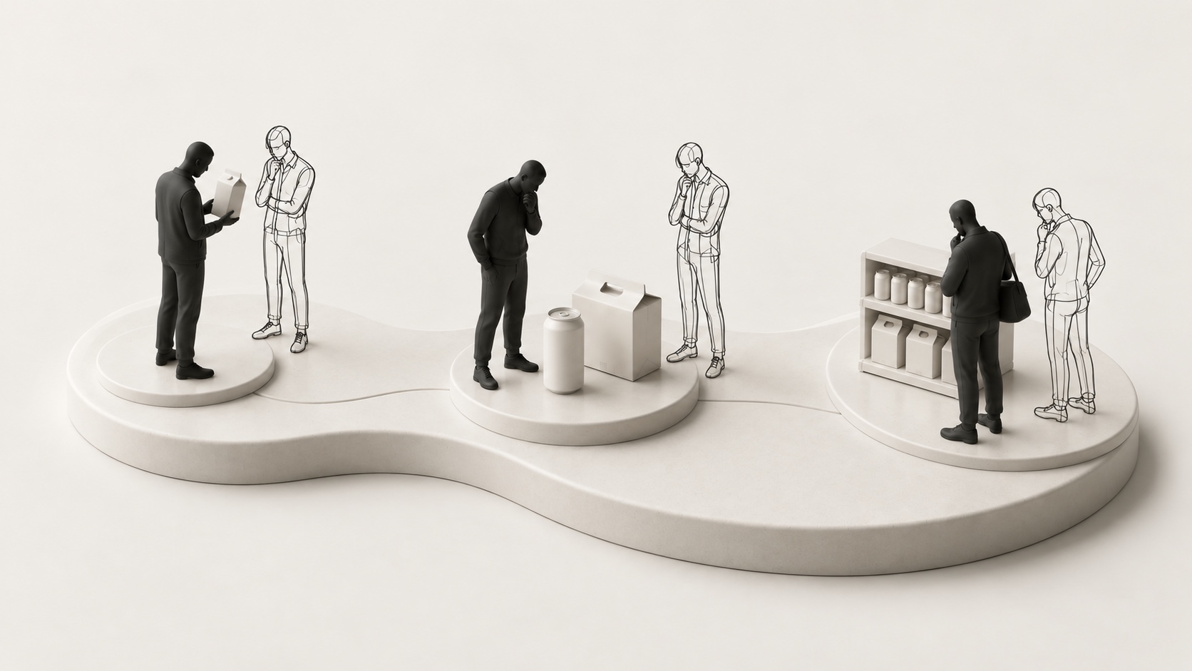 Solid and outlined figures reviewing a tea pack mockup, complete can-and-carton offer and retail shelf on three connected ivory platforms.