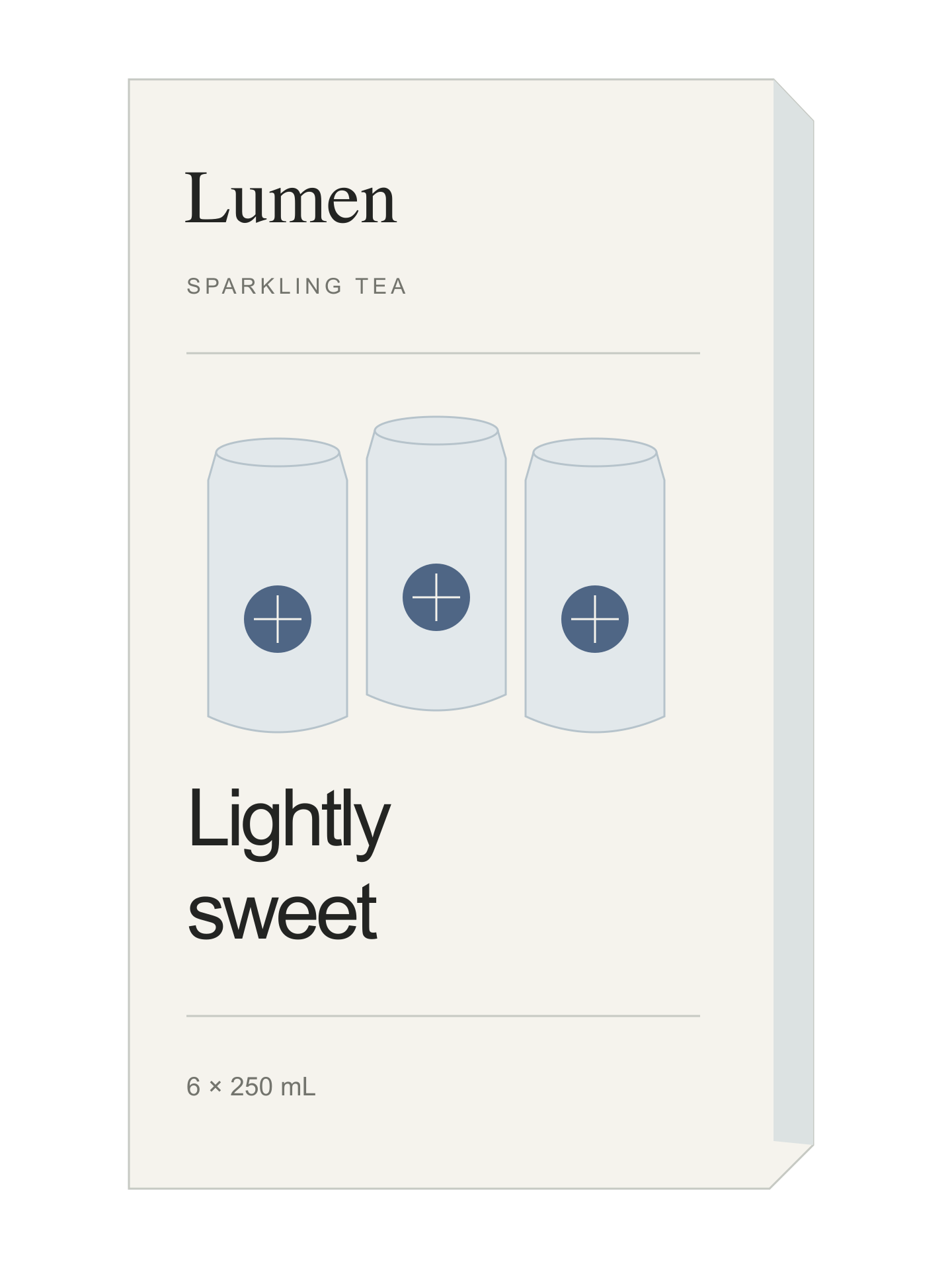 Lumen sparkling tea pack A, with “Lightly sweet” as the prominent message and 6 × 250 mL at the bottom.