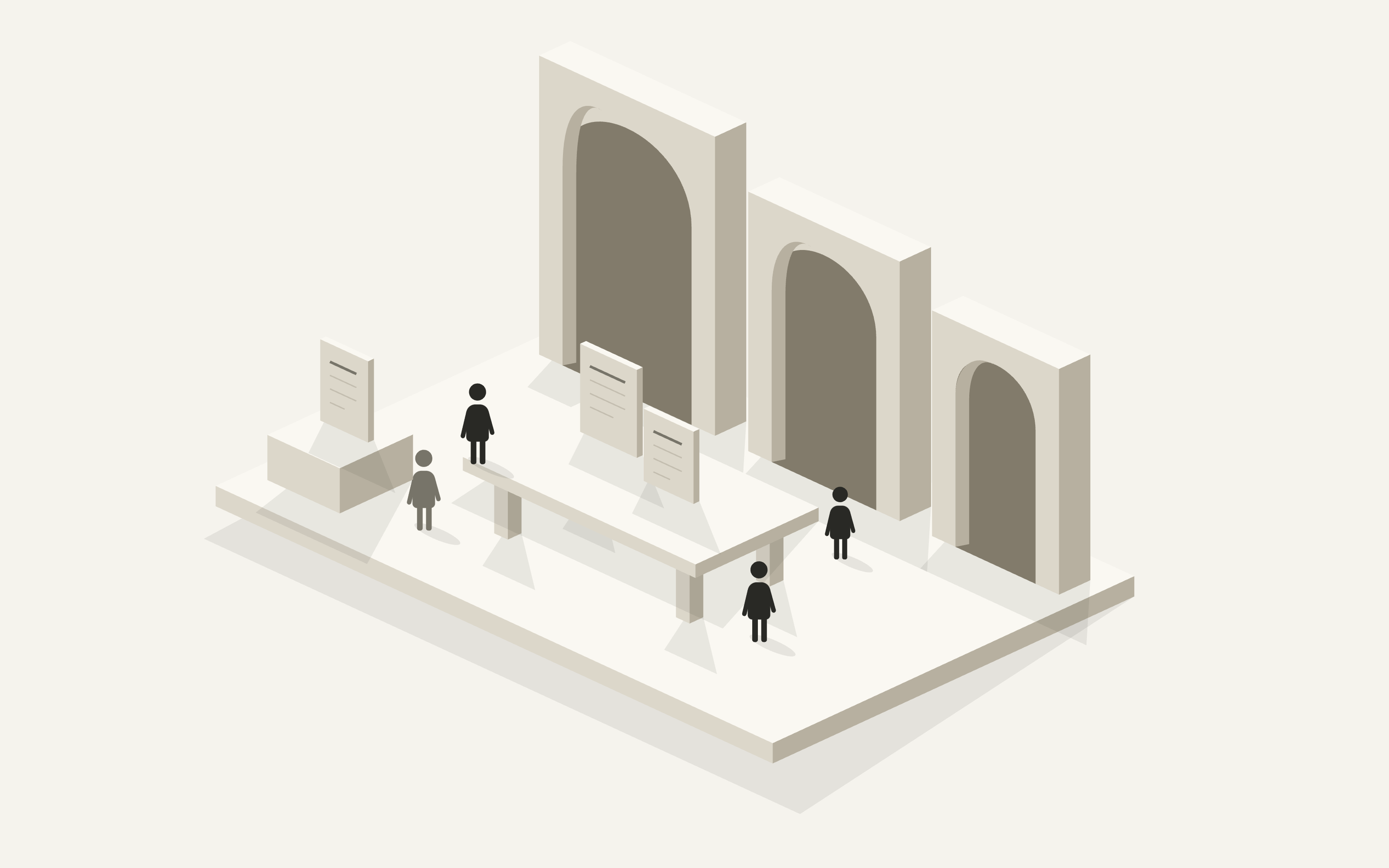 An architectural research workshop connects an audience, study materials and an open decision doorway.