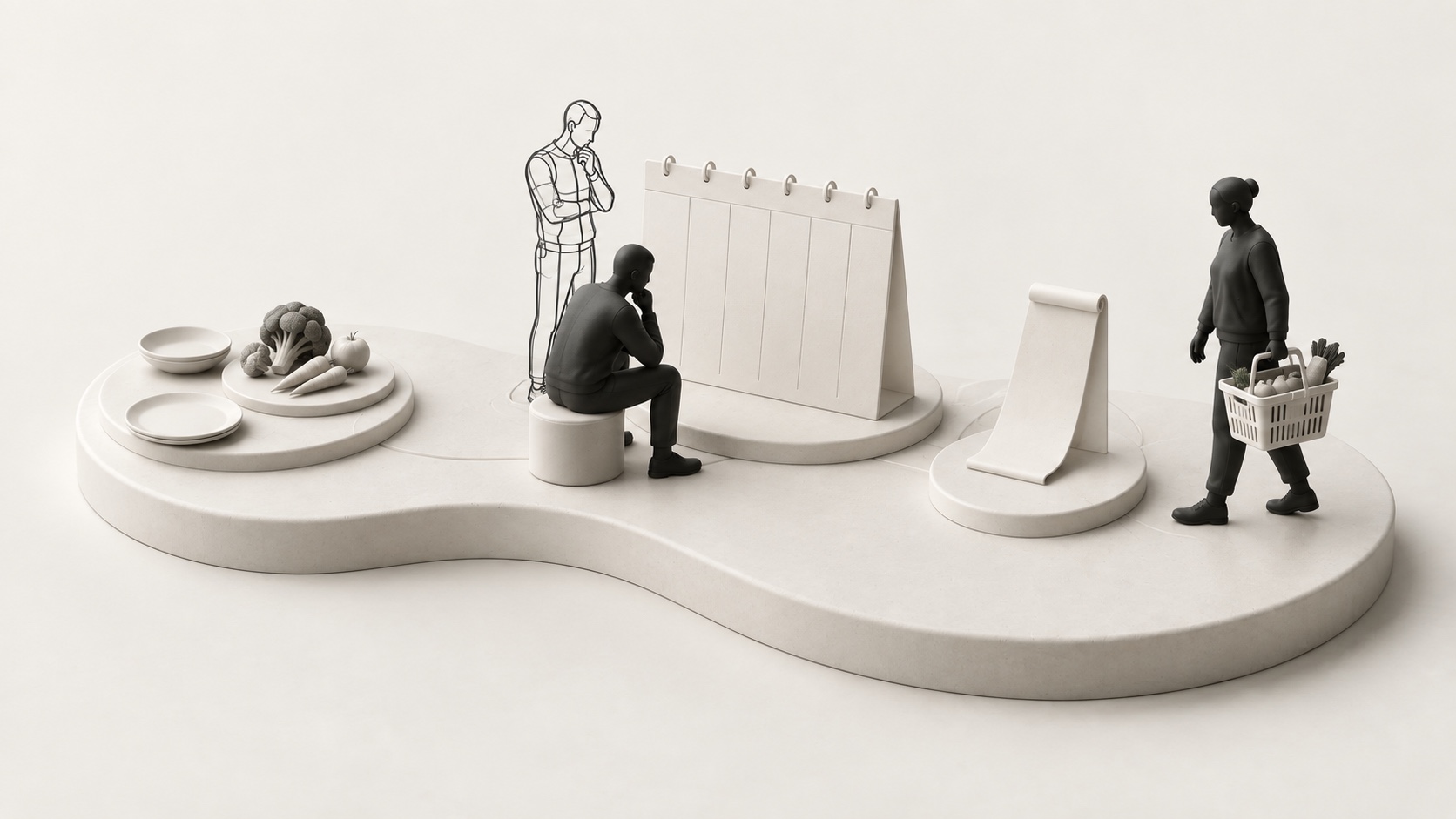Solid and outlined figures beside a blank weekly calendar, grocery list, basket and meal ingredients on ivory terrain.