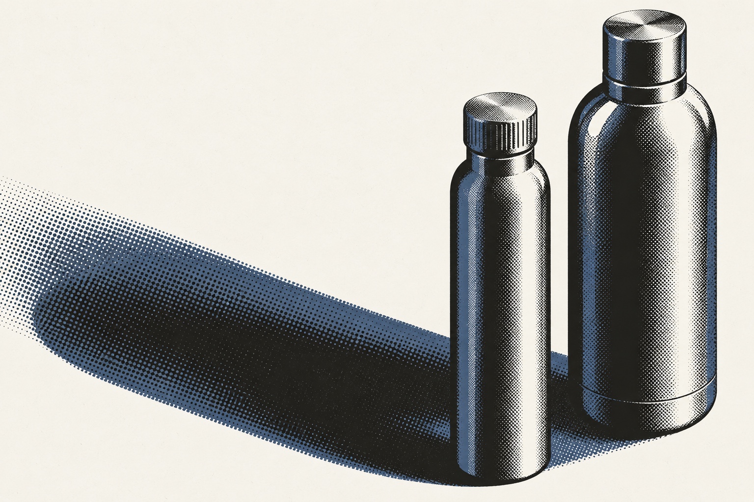 Two stainless-steel bottles cast overlapping diagonal shadows in a carbon, ivory and slate halftone screenprint.