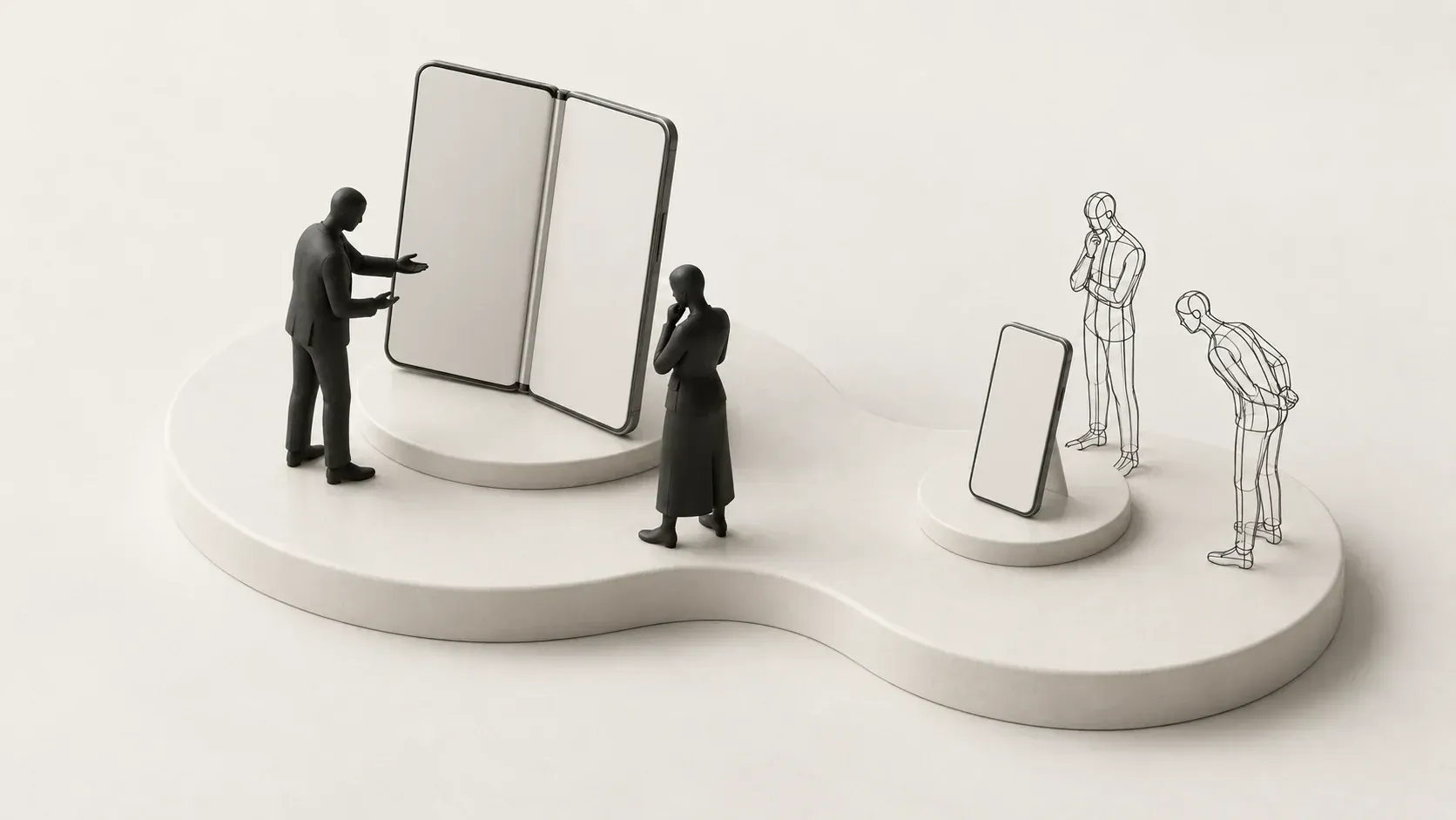 Illustration of solid and outlined people comparing a foldable phone with a conventional phone on ivory platforms.