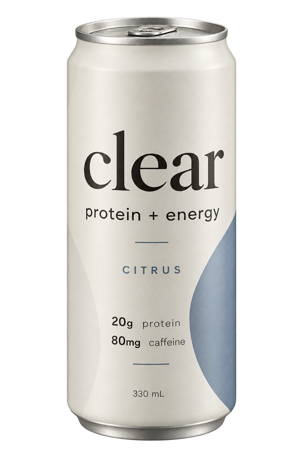 Artist’s reconstruction of the unofficial clear citrus protein-energy can: 20 g protein, 80 mg caffeine, 330 mL.