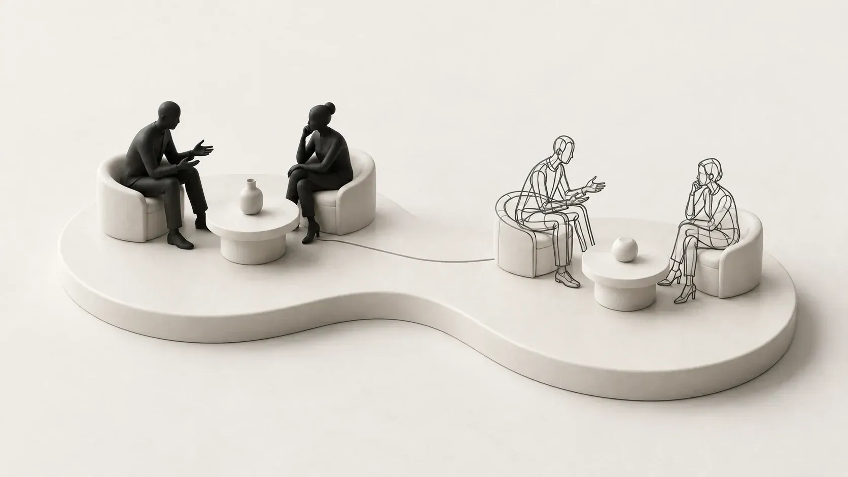 Seated solid and outlined pairs discussing a bottle at connected ivory tables.