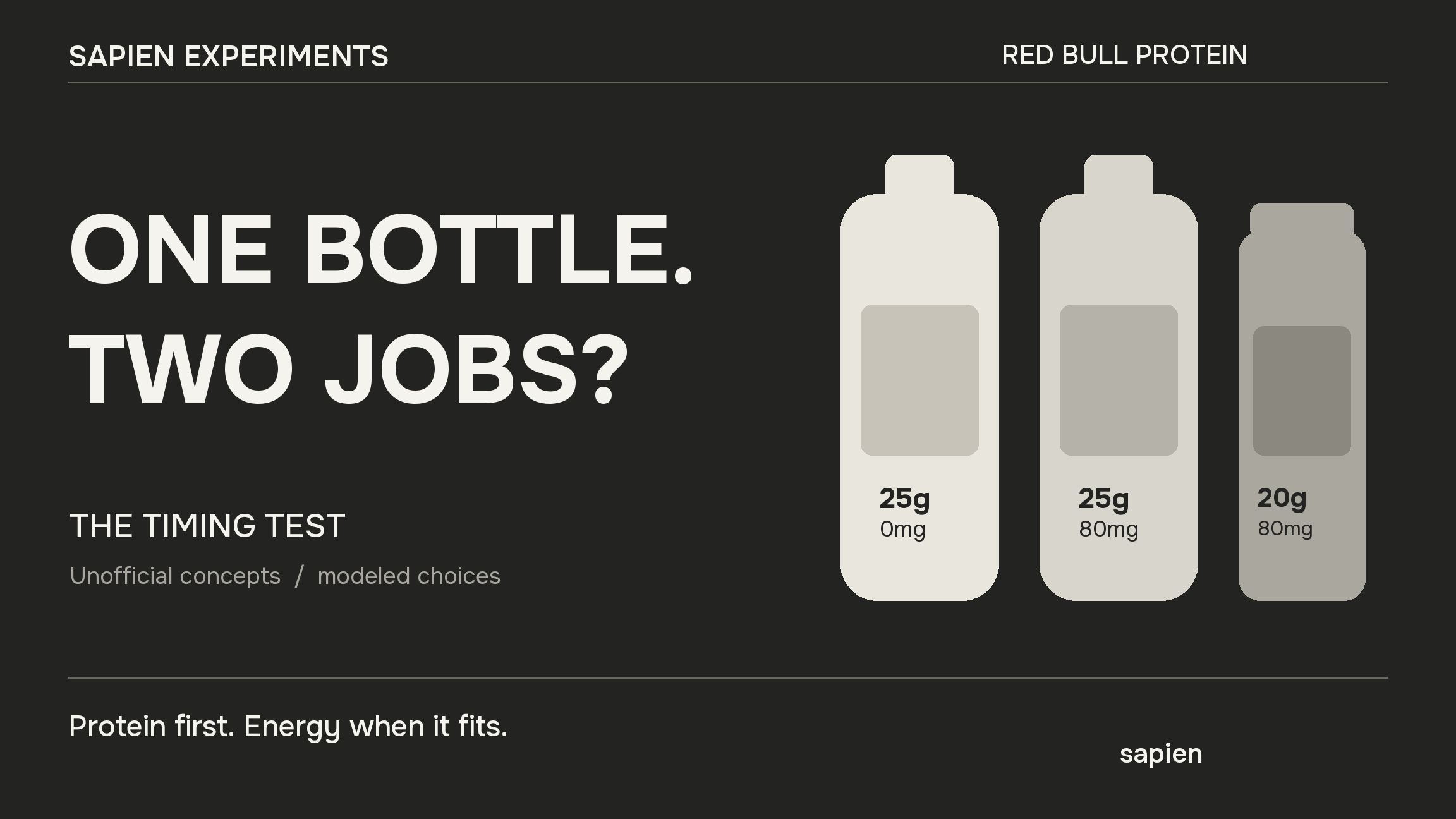 Editorial illustration of three unbranded, unofficial protein-drink concepts with 25 grams or 20 grams of protein and different caffeine levels.