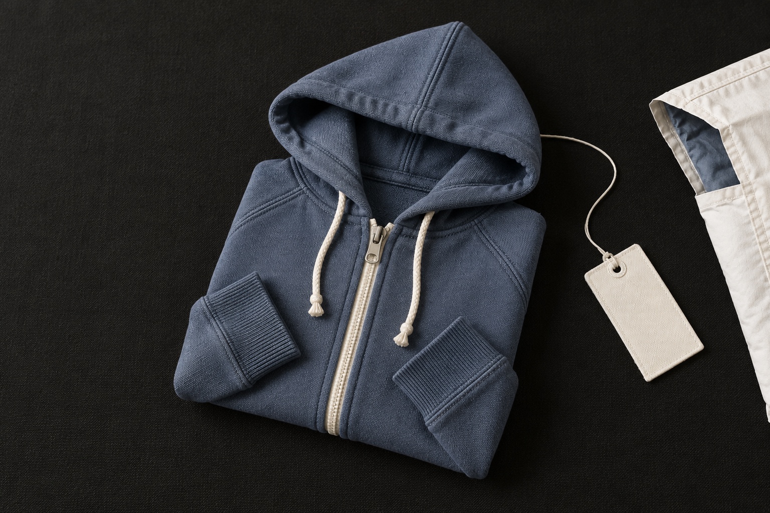 A folded slate zip hoodie on carbon fabric, with an ivory garment tag, looping thread and open shipping envelope.