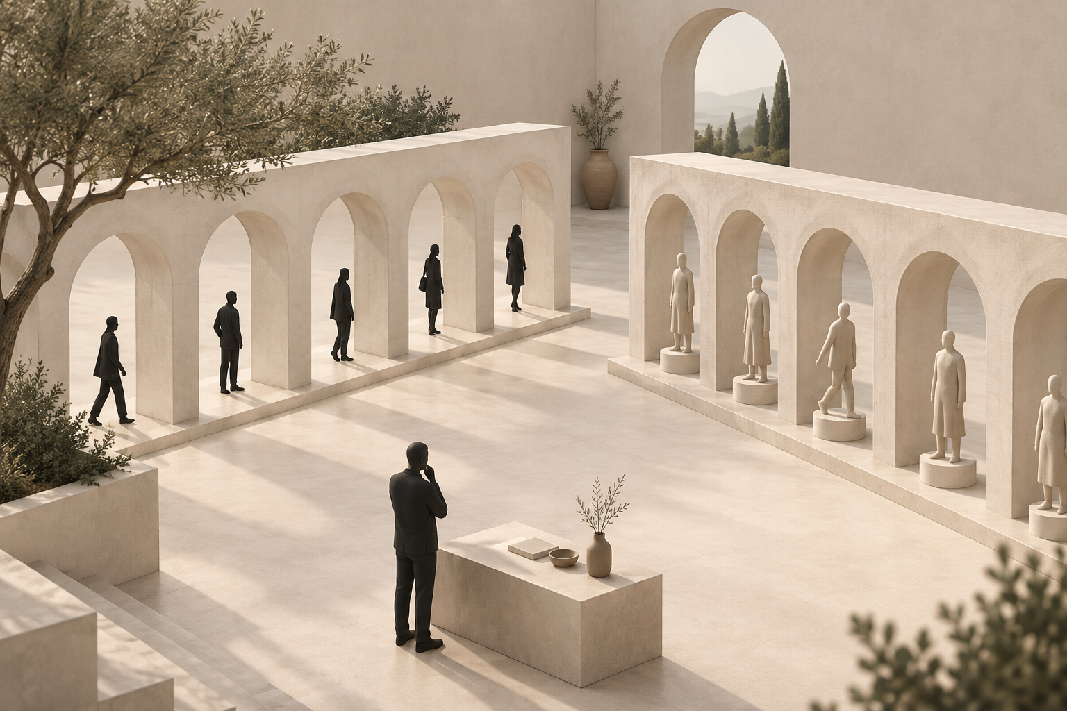 An ivory architectural courtyard pairs human silhouettes with sculptural counterparts, illustrating the comparison of human and synthetic research.