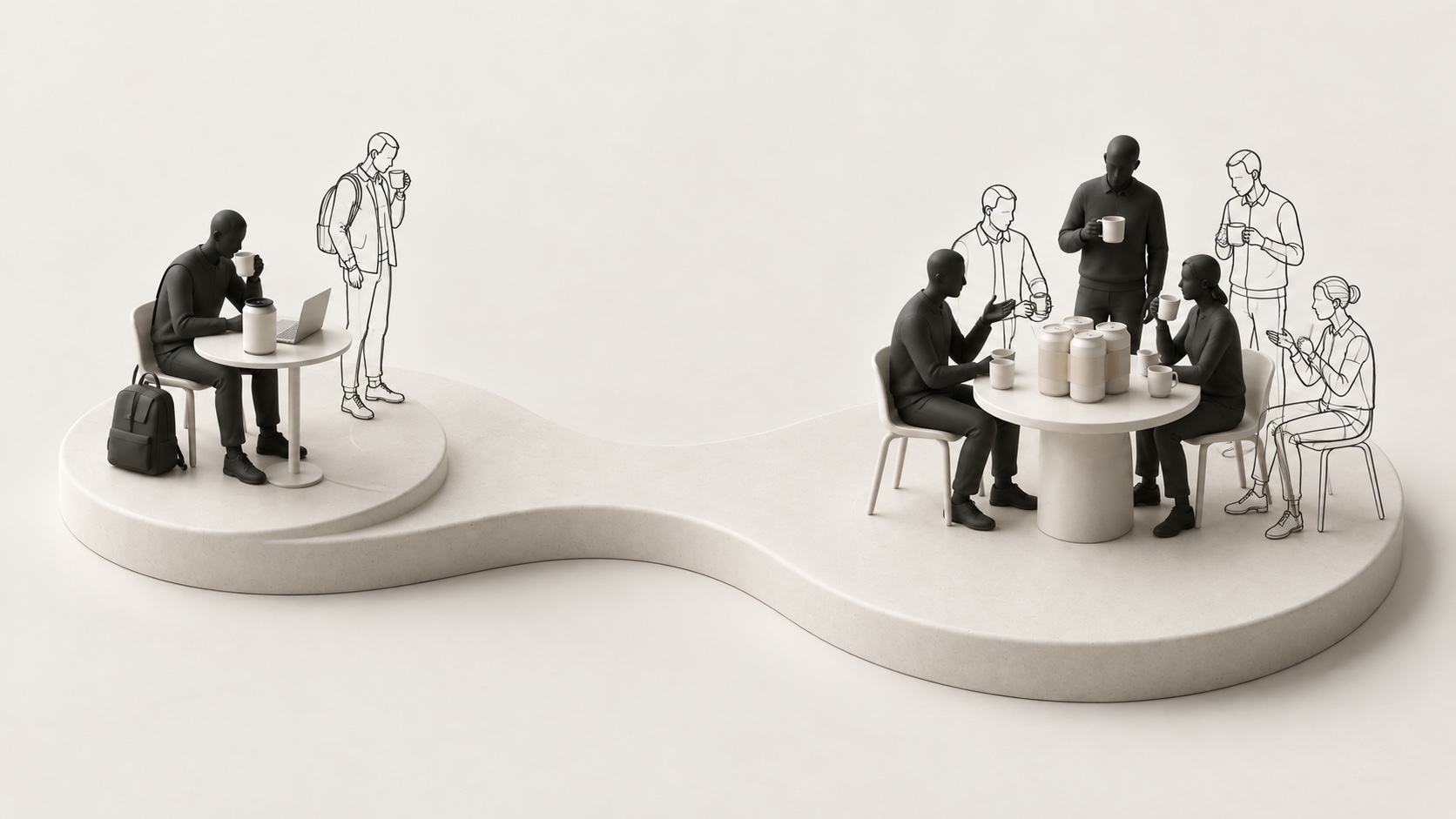 Everyday tea at a work desk and shared tea at a social table, considered by solid and outlined people on separate ivory platforms.