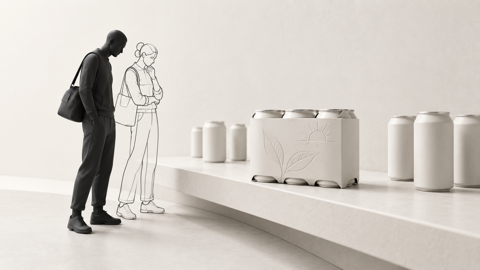 A charcoal shopper and graphite-outline counterpart inspect an ivory sparkling-tea pack at shelf level.