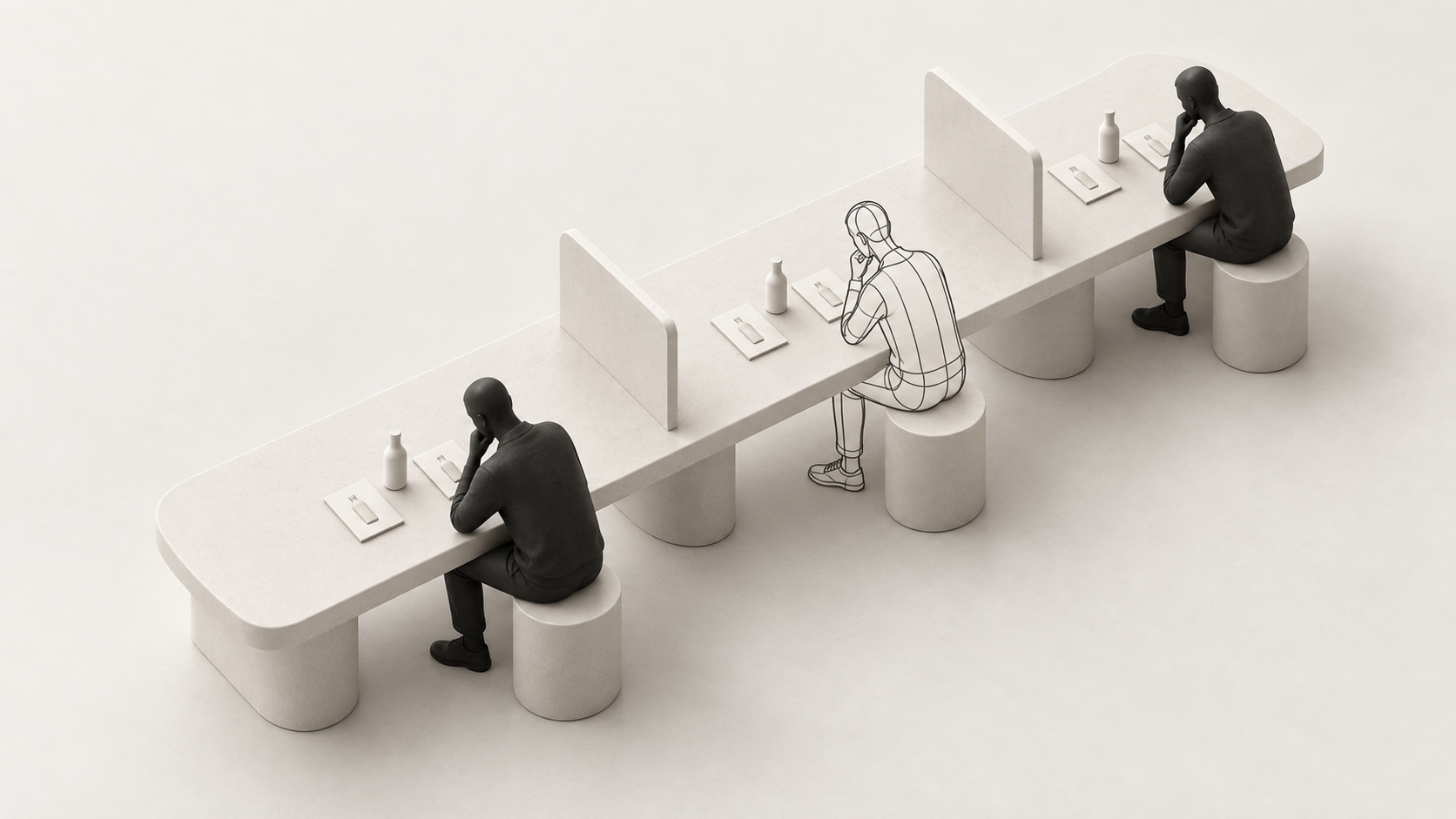Separate viewing stations at a long ivory table present bottle concepts to charcoal and outline buyers.